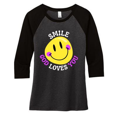 Smile God Loves You Happy Faith Love Jesus Christ VBS Cute Women's Tri-Blend 3/4-Sleeve Raglan Shirt