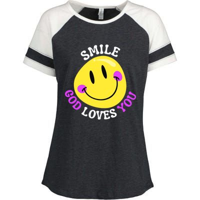 Smile God Loves You Happy Faith Love Jesus Christ VBS Cute Enza Ladies Jersey Colorblock Tee