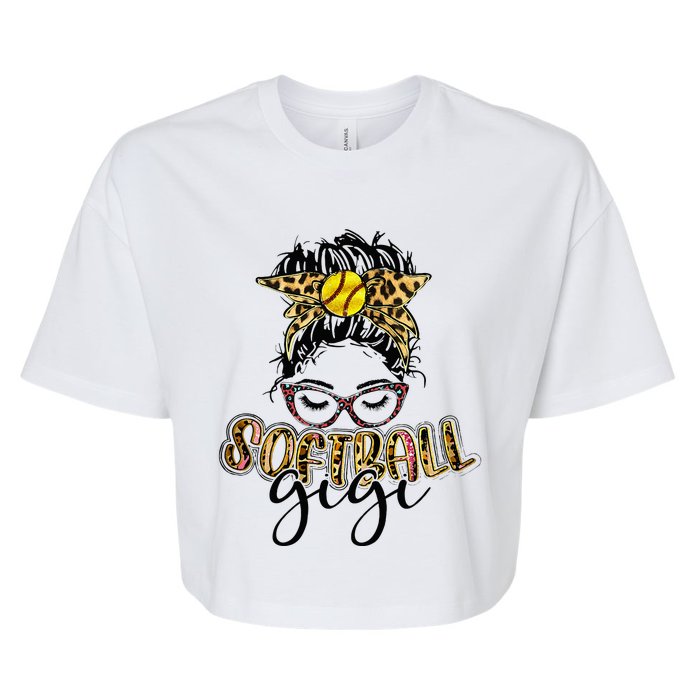 Softball Gigi Life Leopard Messy Bun Game Day Mothers Day Bella+Canvas Jersey Crop Tee