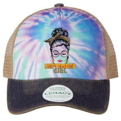 September Girl My Birthday Leopard Messy Bun Legacy Tie Dye Trucker Hat