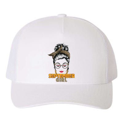 September Girl My Birthday Leopard Messy Bun Yupoong Adult 5-Panel Trucker Hat