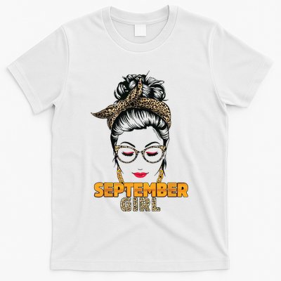 September Girl My Birthday Leopard Messy Bun T-Shirt