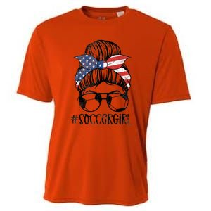 Soccer Girl Messy Hair Bun United States Football Cooling Performance Crew T-Shirt