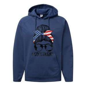 Soccer Girl Messy Hair Bun United States Football Performance Fleece Hoodie