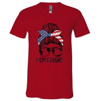 Soccer Girl Messy Hair Bun United States Football V-Neck T-Shirt