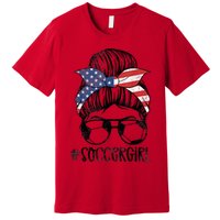 Soccer Girl Messy Hair Bun United States Football Premium T-Shirt