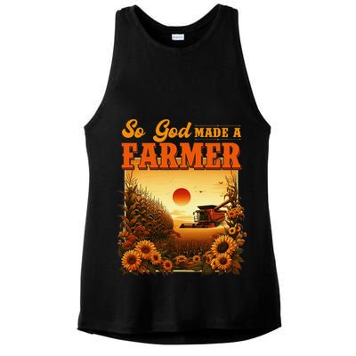 So God Made A Farmer Farm Life Christian Vintage Sunflower Ladies PosiCharge Tri-Blend Wicking Tank