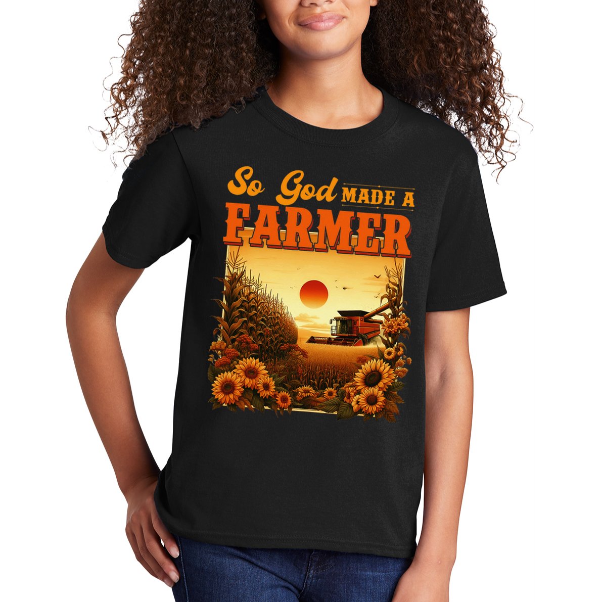 So God Made A Farmer Farm Life Christian Vintage Sunflower Kids T-Shirt