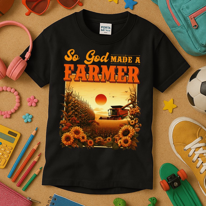 So God Made A Farmer Farm Life Christian Vintage Sunflower Kids T-Shirt