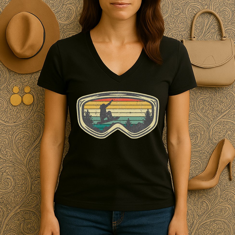 Snowboard Goggles Mountain Snowboarding Retro Vacation  Women's V-Neck T-Shirt