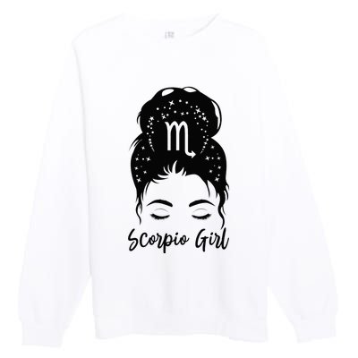 Scorpio Girl Messy Bun Zodiac Symbol Woman Birthday Costume  Premium Crewneck Sweatshirt