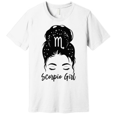 Scorpio Girl Messy Bun Zodiac Symbol Woman Birthday Costume  Premium T-Shirt