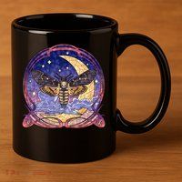 Stained Glass Moth Butterfly Moon Crest 11oz C Handle Ceramic Mug