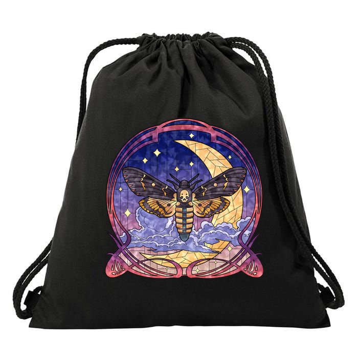 Stained Glass Moth Butterfly Moon Crest Drawstring Bag