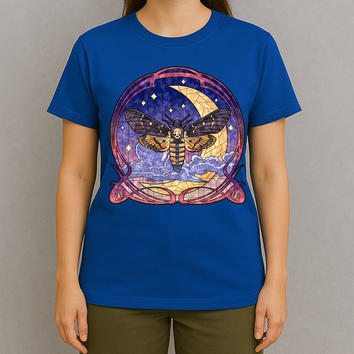 Stained Glass Moth Butterfly Moon Crest T-Shirt