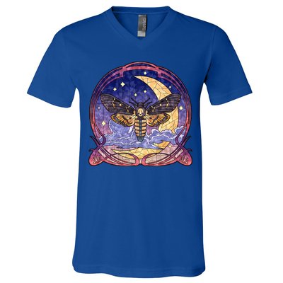 Stained Glass Moth Butterfly Moon Crest V-Neck T-Shirt