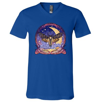 Stained Glass Moth Butterfly Moon Crest V-Neck T-Shirt