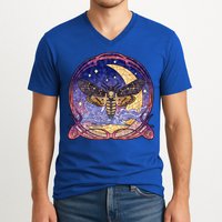 Stained Glass Moth Butterfly Moon Crest V-Neck T-Shirt