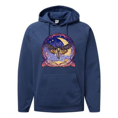 Stained Glass Moth Butterfly Moon Crest Performance Fleece Hoodie