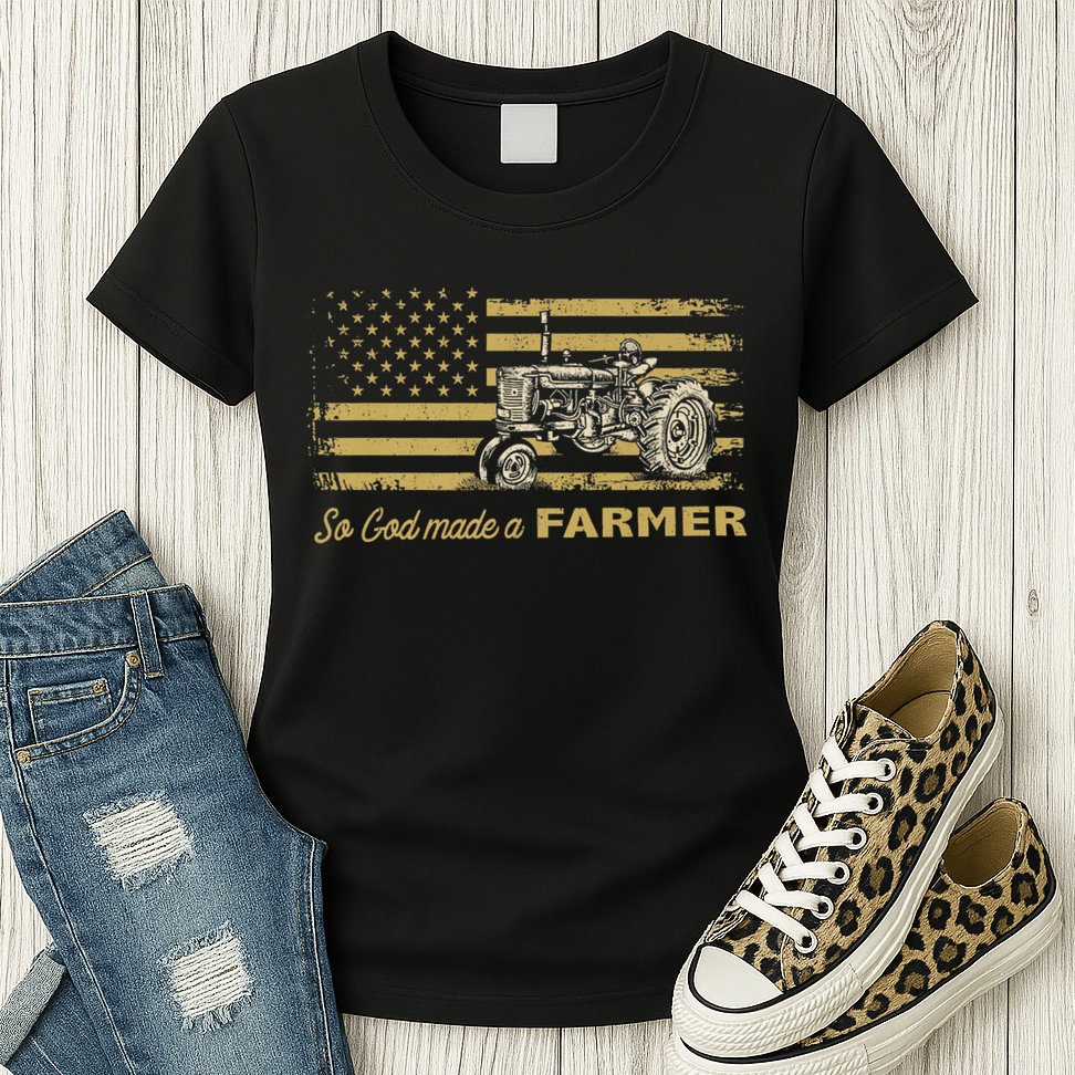 So God Made A Farmer USA Flag Patriotic Farming Gift Farmer Womens T-Shirt