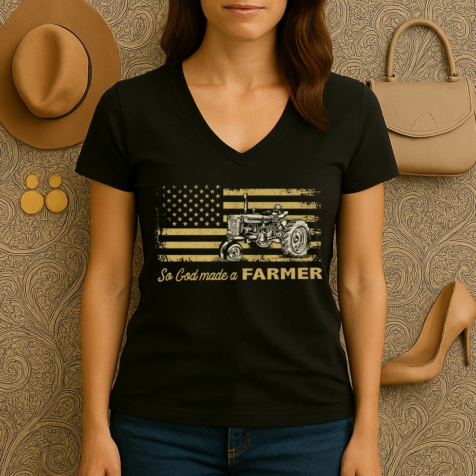 So God Made A Farmer USA Flag Patriotic Farming Gift Farmer Women's V-Neck T-Shirt