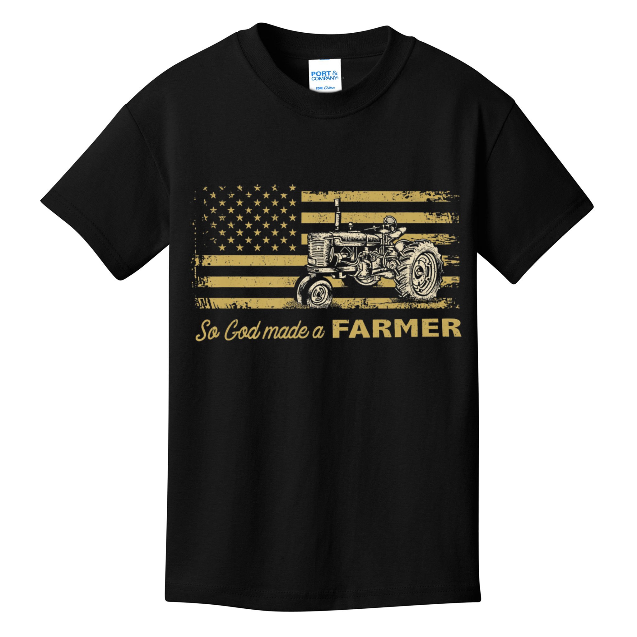 So God Made A Farmer USA Flag Patriotic Farming Gift Farmer Kids T-Shirt