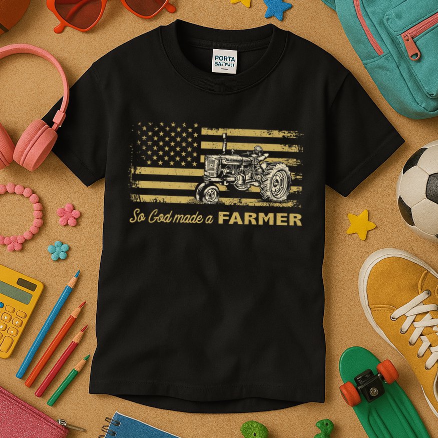 So God Made A Farmer USA Flag Patriotic Farming Gift Farmer Kids T-Shirt