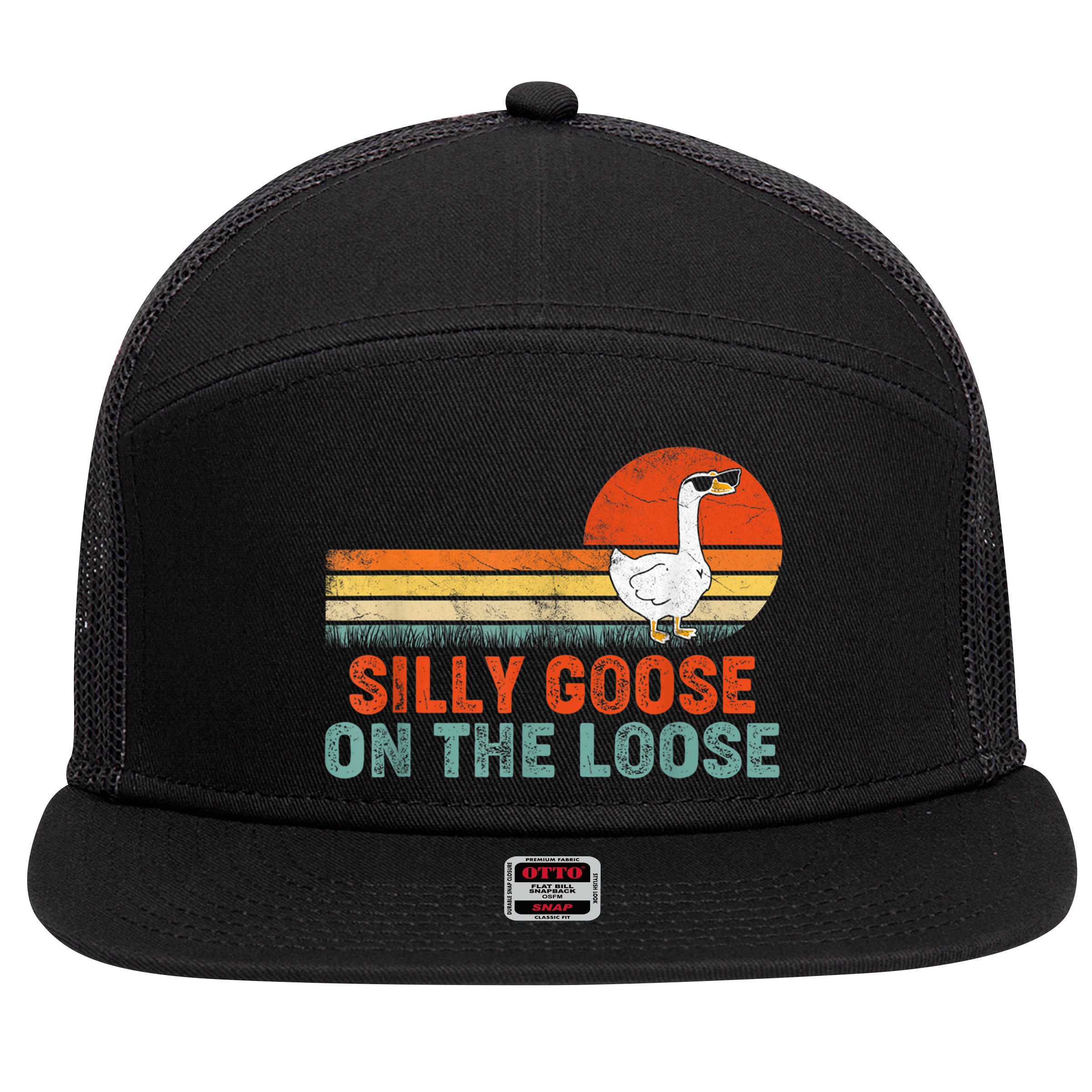 Silly Goose On The Loose Vintage Retro Sunset 7 Panel Mesh Trucker Snapback Hat