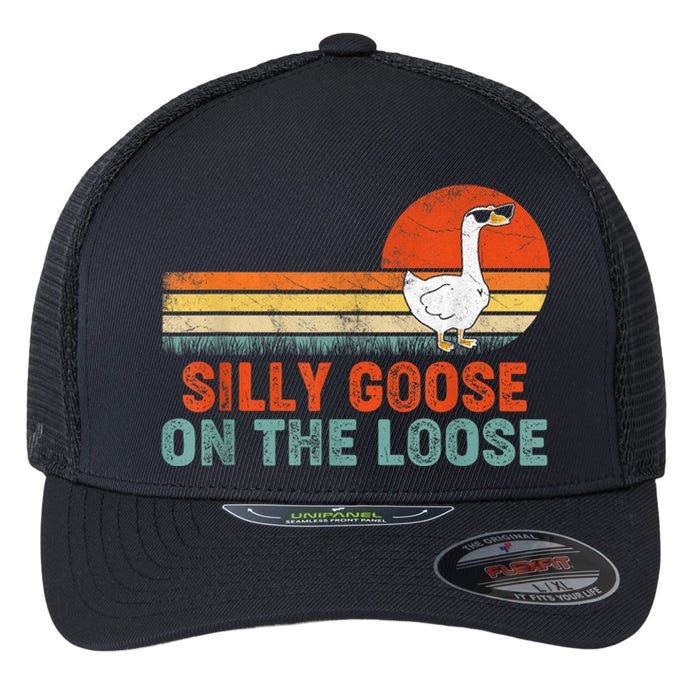 Silly Goose On The Loose Vintage Retro Sunset Flexfit Unipanel Trucker Cap