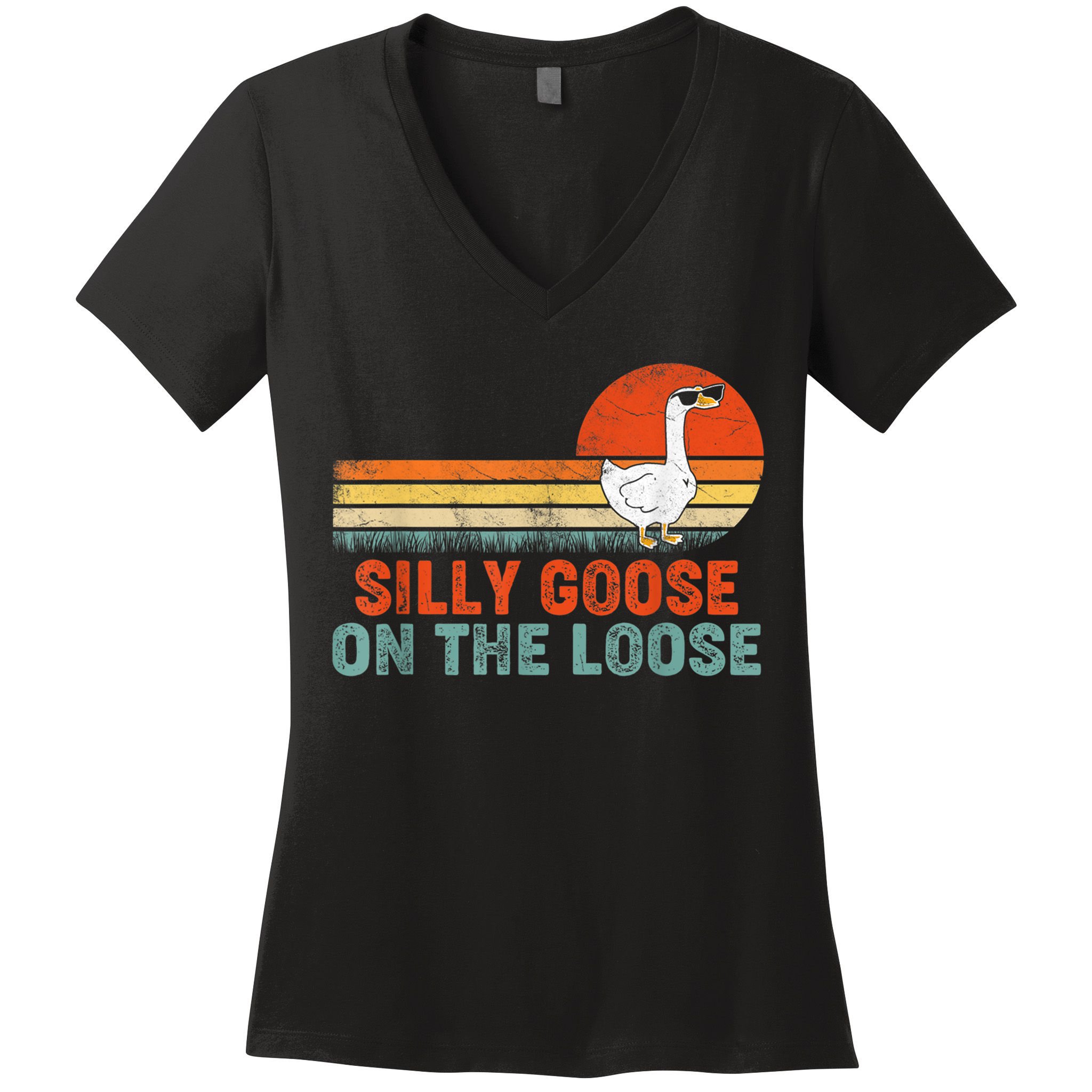 Silly Goose On The Loose Vintage Retro Sunset Women's V-Neck T-Shirt