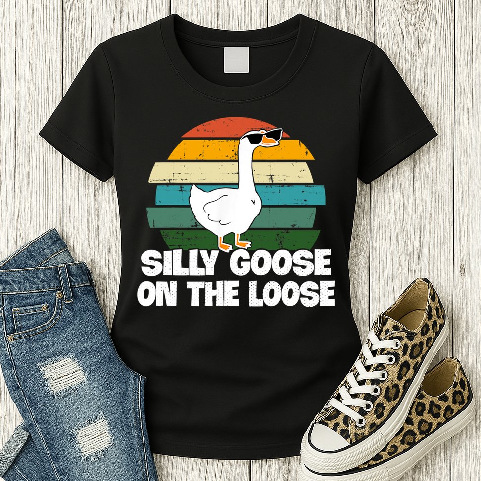 Silly Goose On The Loose Vintage Retro Sunset Womens T-Shirt
