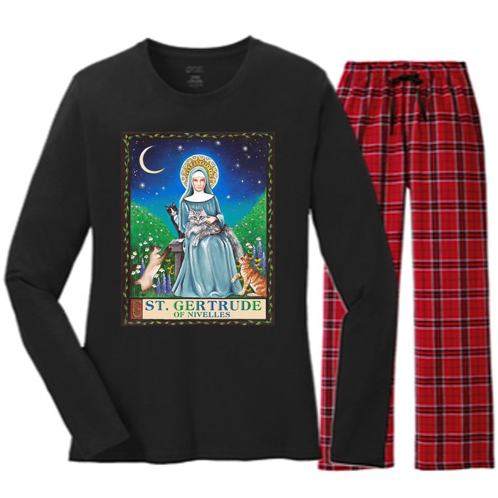 St. Gertrude Of Nivelles Patron Saint Of Cats Lovers Gifts Women's Long Sleeve Flannel Pajama Set 