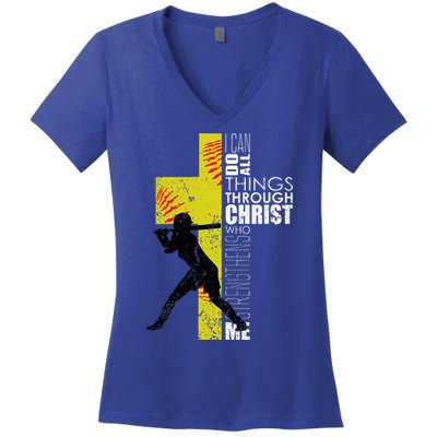 Softball Gifts Players N Christian Religious Women's V-Neck T-Shirt