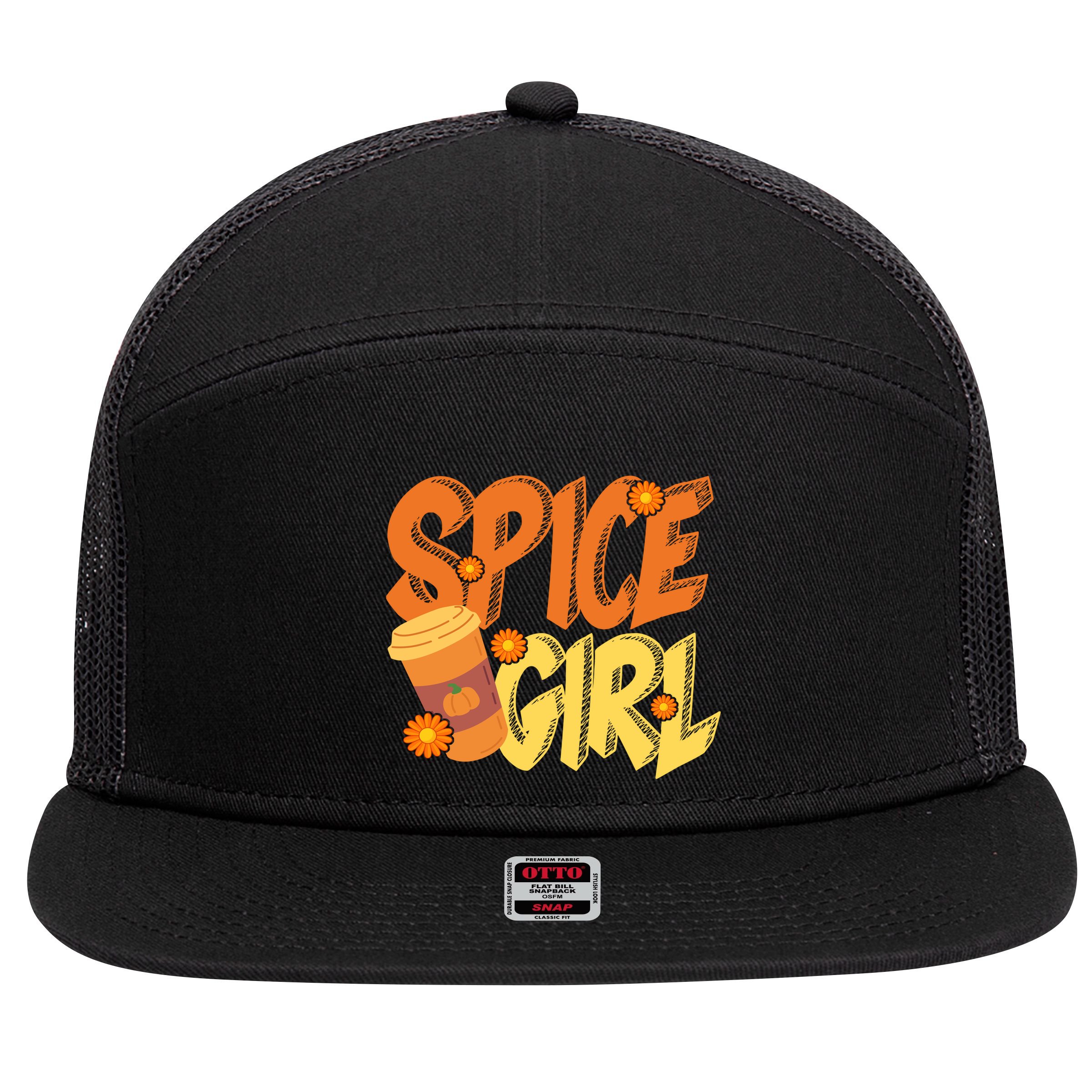 Spice Girl Pumpkin Coffee Lover Fall 7 Panel Mesh Trucker Snapback Hat