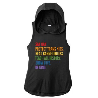 Say Gay Protect Tran Read Banned Books Be Kind Lgbtqia Ladies PosiCharge Tri-Blend Wicking Draft Hoodie Tank