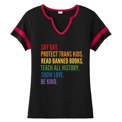 Say Gay Protect Tran Read Banned Books Be Kind Lgbtqia Ladies Halftime Notch Neck Tee