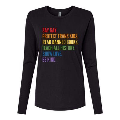 Say Gay Protect Tran Read Banned Books Be Kind Lgbtqia Womens Cotton Relaxed Long Sleeve T-Shirt