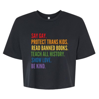 Say Gay Protect Tran Read Banned Books Be Kind Lgbtqia Bella+Canvas Jersey Crop Tee