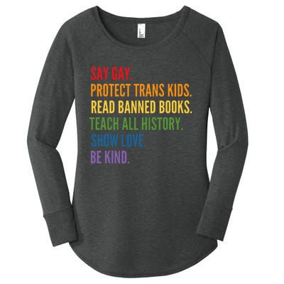 Say Gay Protect Tran Read Banned Books Be Kind Lgbtqia Women's Perfect Tri Tunic Long Sleeve Shirt