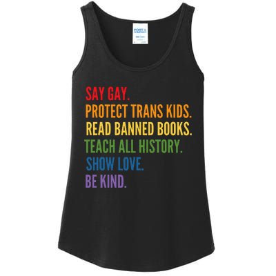 Say Gay Protect Tran Read Banned Books Be Kind Lgbtqia Ladies Essential Tank