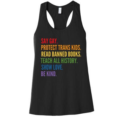 Say Gay Protect Tran Read Banned Books Be Kind Lgbtqia Women's Racerback Tank