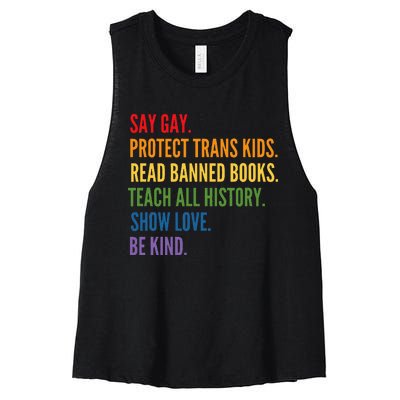 Say Gay Protect Tran Read Banned Books Be Kind Lgbtqia Women's Racerback Cropped Tank