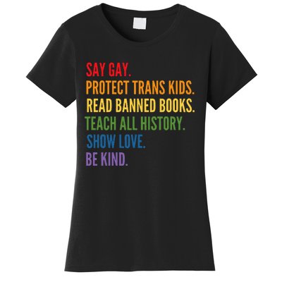 Say Gay Protect Tran Read Banned Books Be Kind Lgbtqia Women's T-Shirt