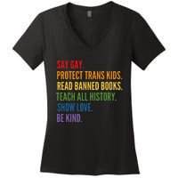 Say Gay Protect Tran Read Banned Books Be Kind Lgbtqia Women's V-Neck T-Shirt