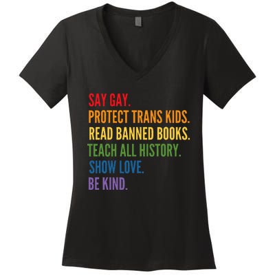 Say Gay Protect Tran Read Banned Books Be Kind Lgbtqia Women's V-Neck T-Shirt