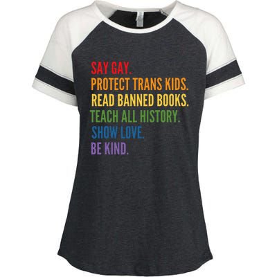 Say Gay Protect Tran Read Banned Books Be Kind Lgbtqia Enza Ladies Jersey Colorblock Tee