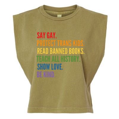 Say Gay Protect Tran Read Banned Books Be Kind Lgbtqia Garment-Dyed Women's Muscle Tee