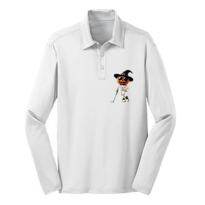 Skeleton Golf Pumpkin Golfing Golfer Halloween Costume Idea Silk Touch Performance Long Sleeve Polo