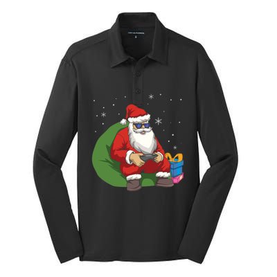 Santa Gamer Playing Video Games December Christmas Funny Gift Silk Touch Performance Long Sleeve Polo