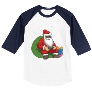 Santa Gamer Playing Video Games December Christmas Funny Gift Baseball Sleeve Shirt